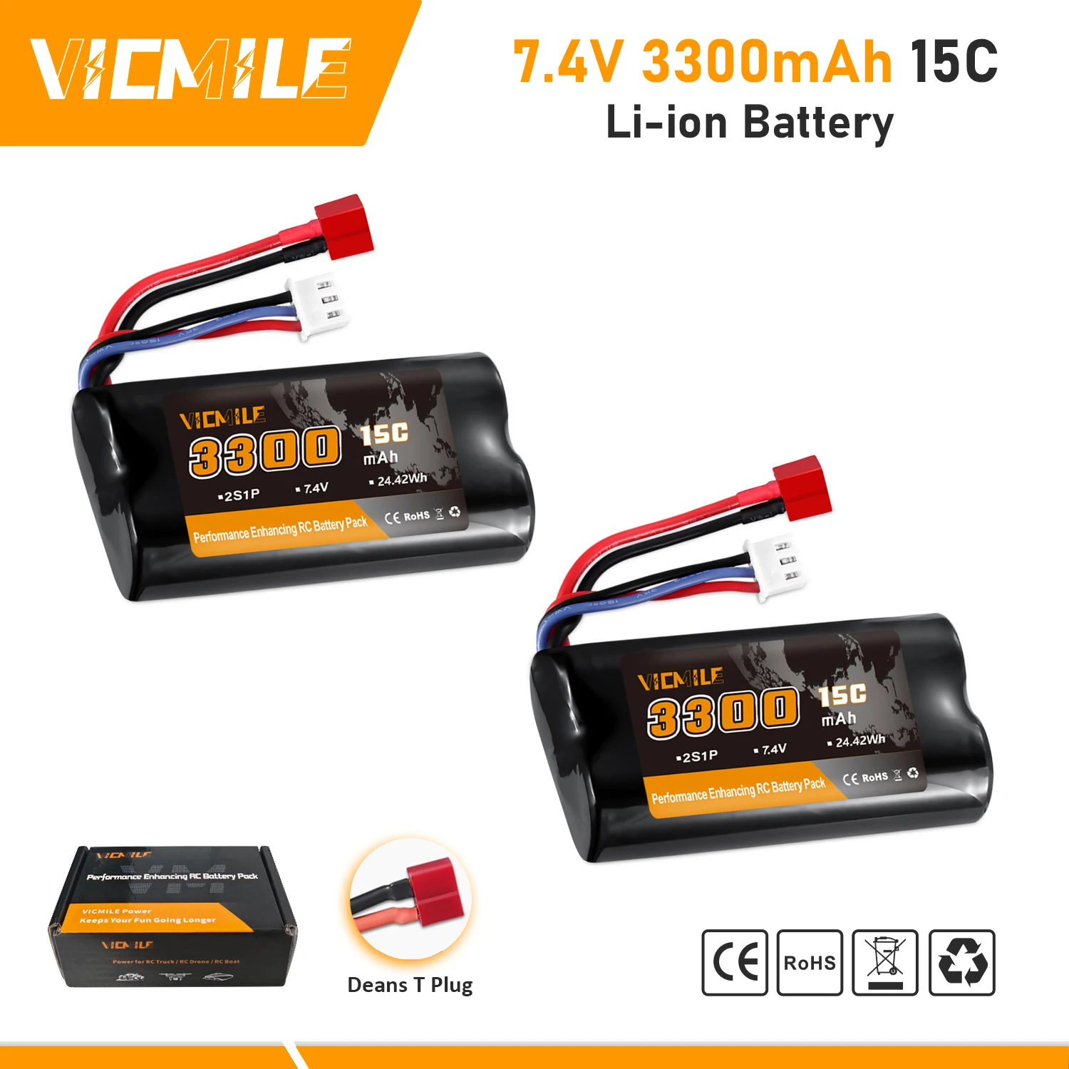 

VICMILE 1-2pcs 7.4V 3300mAh Li-ion Battery with Dean-Style T Plug 2S Fit for WLtoys 4WD High Speed RC Cars /Truck
