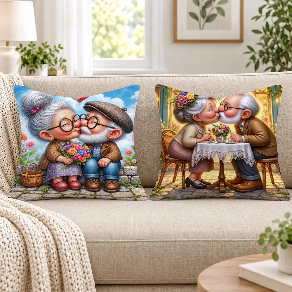 Cartoon Grandparents Elderly Couple Cushion Cover Soft Short Plush Pillow Cases Hidden Zipper Sofa Bedroom Home Decor Gift