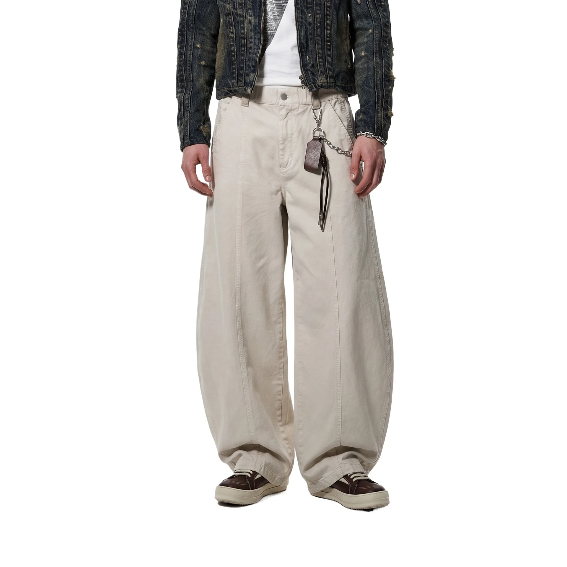 Garment Washed Pure Cotton Curved Cargo Pants 2026 Autumn New Arrival American Vintage Distressed Casual Long Trousers For Men