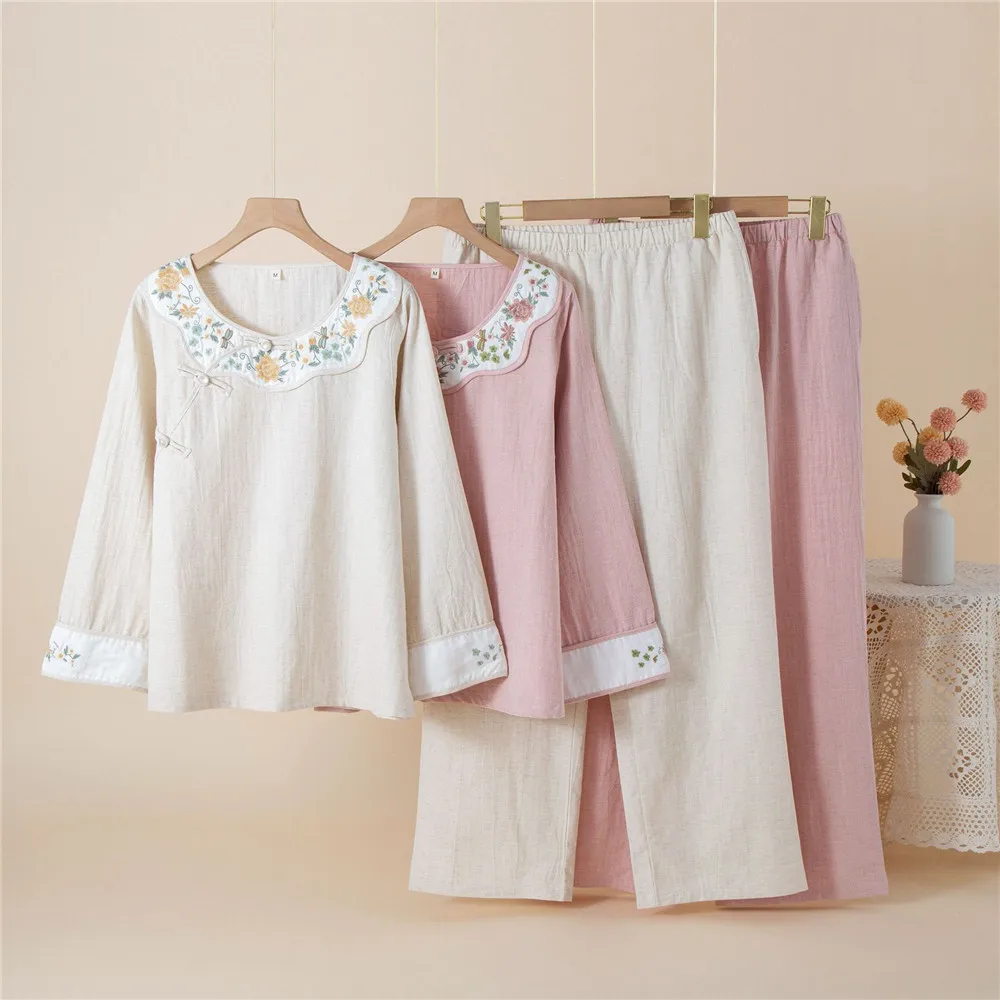 Summer Women's Pajama Set Cotton Long Sleeve Pullover Pants Loose Embroidery Round Neck Home Clothes Two Piece Set