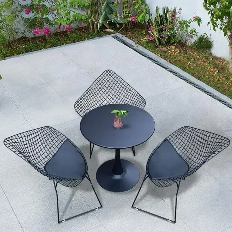 Outdoor Desk-Chair Combination Simple Courtyard Balcony Reception Internet-Famous Iron round Table Grid Chair Leisure Matching