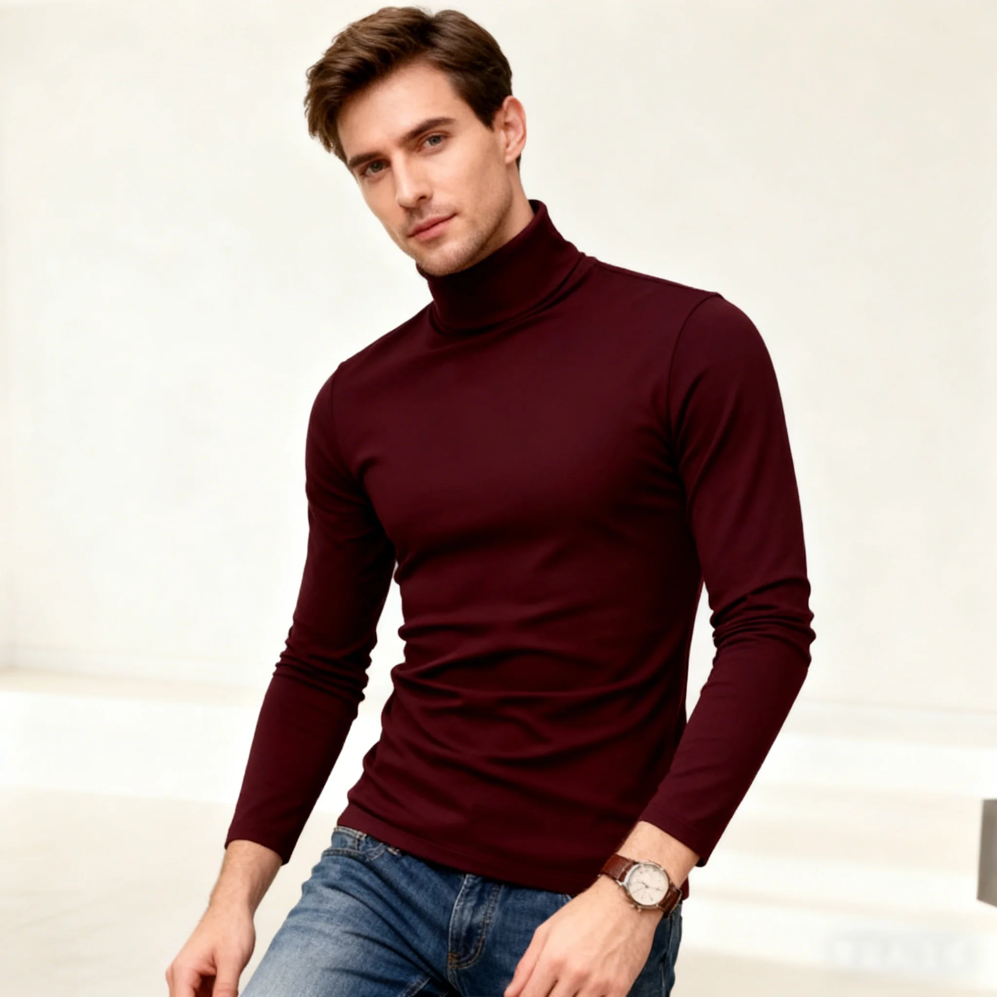 

Turtleneck Men Solid Color Slim Elastic Thin Pullover Spring Autumn Underwear Turtleneck Mens Knitting Blouse Base Tshirt Top