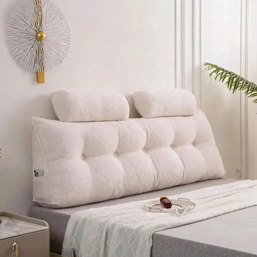 White Sherpa Fleece Reading Pillow With 2 Throw Pillows, 150cm (59in) Headboard Bed Rest Pillow With Side Pocket, Hidden Zipper