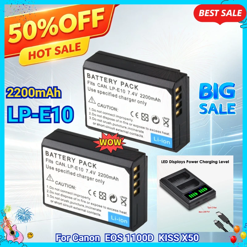 SWZY 2200mAh LP-E10 Battery for Canon EOS Rebel T3 T6 T7 T100 Kiss X50 X801500D 4000D 1100D Camera Dual Charging Charger USB Cab