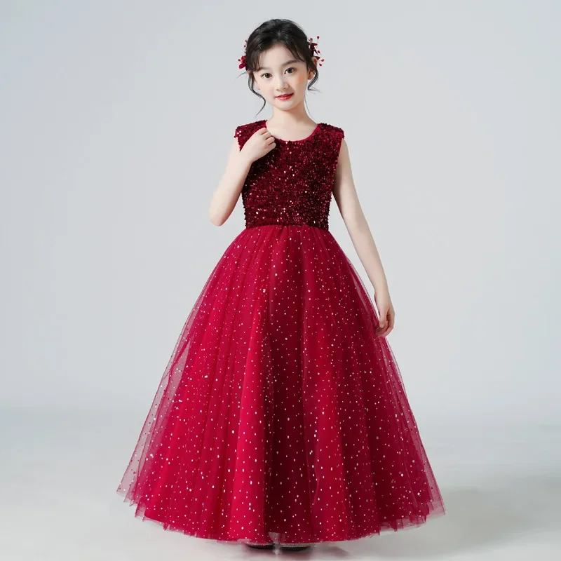 

Girl's sequin mesh skirt hem, long dress, white dress, performance dress, princess Korean style Flower Girl