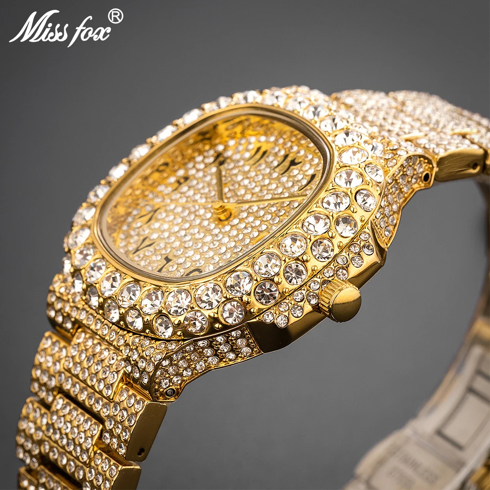 MISSFOX Iced Out Men Wristwatch Luxury Fashion Gold Quartz Watches Hip Hop High Quality Waterproof  Male Diamond Clock New Gift