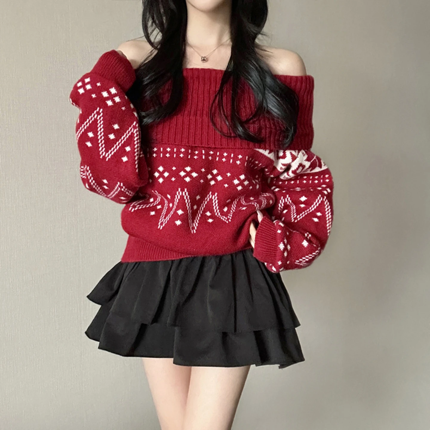 Camisola de malha fora do ombro feminino solto básico slash neck lanterna manga pulôver casual topo 2025 inverno moda streetwear senhora