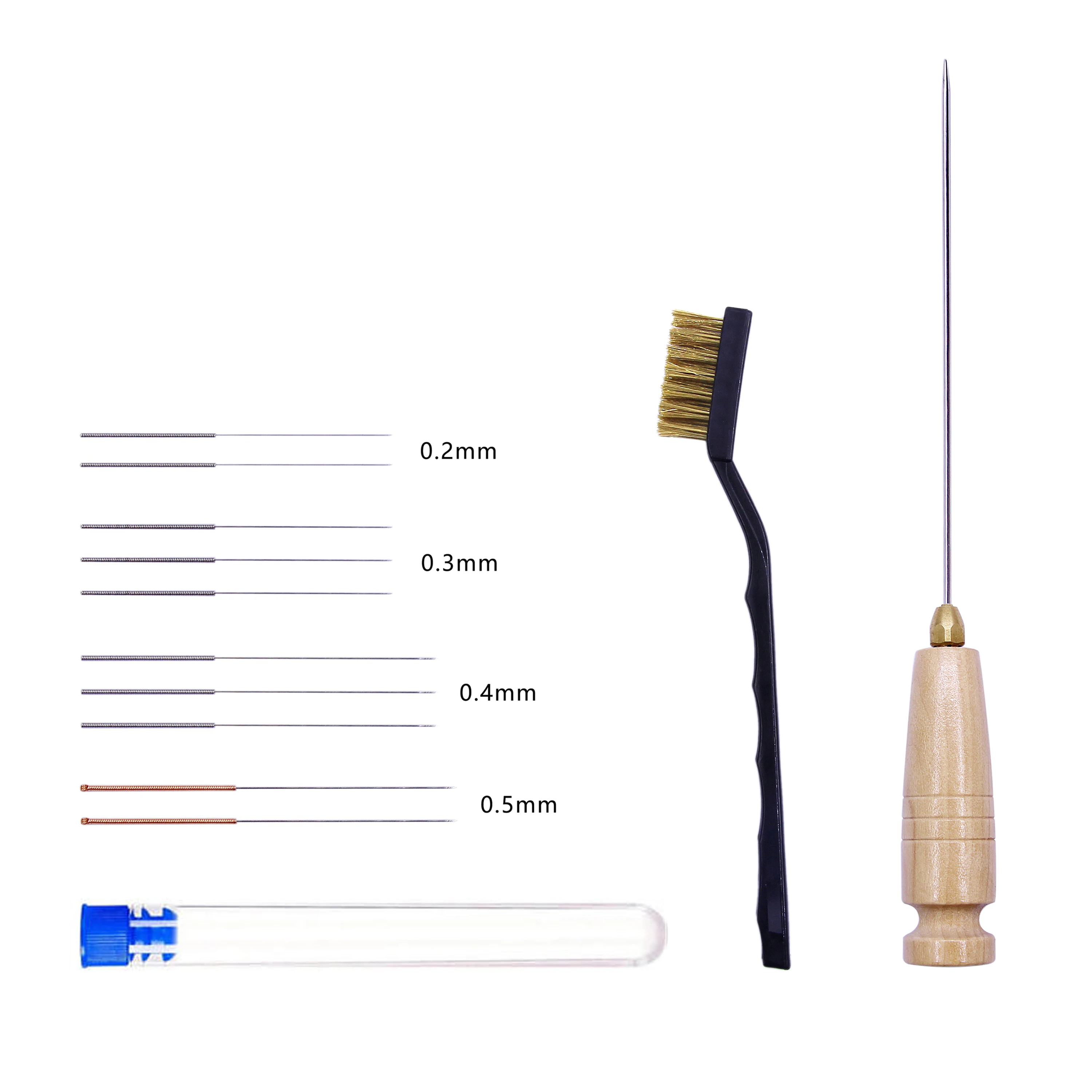3D printer nozzle cleaning three piece set, consisting of cleaning tools with different functions, mainly used for cleaning resi