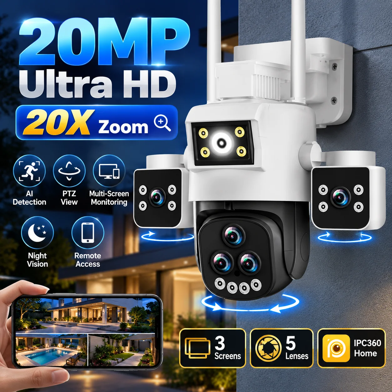 Smart WIFI Surveillance Camera 20MP Multi Lens Camera 20X Zoom PTZ Smart Home AI Human Tracking 360 Wireless Outdoor CCTV Camera