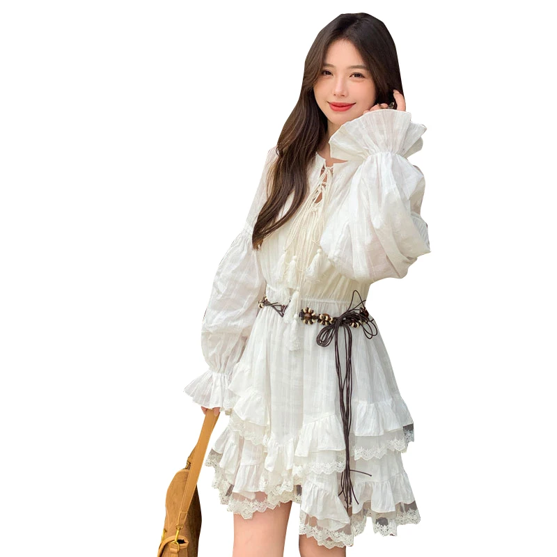 Vestido F Estilo Boho para Feriados, Saia Curta Doce, Manga Longa, Cintura Ajustada, Estilo Casual, Psado em Fibra ...