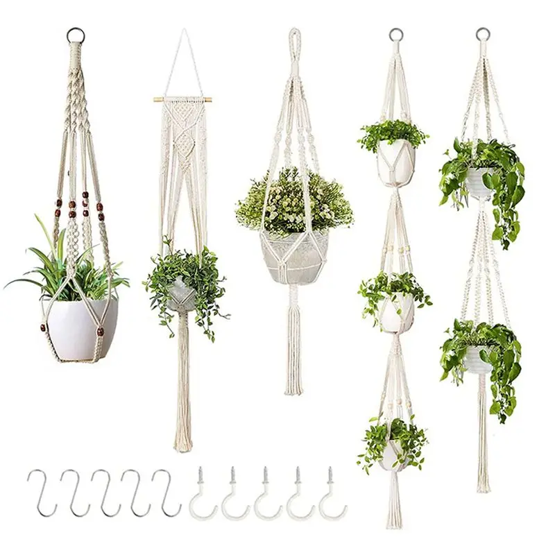 ABZC-Hand-Made Flower Stand, Adjustable Knotting Rope, Woven Hanging Basket, With Flowerpot Tray, Used In Indoor Garden.