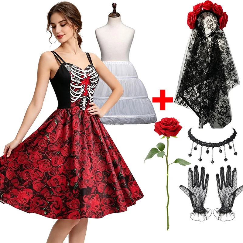 Vestido Elegante de Mujer con Estampado de Esqueleto y Costillas para Halloween, con Velo de Encaje, Guantes, Collar y Falda Interior, Traje Completo para Cosplay Festivo