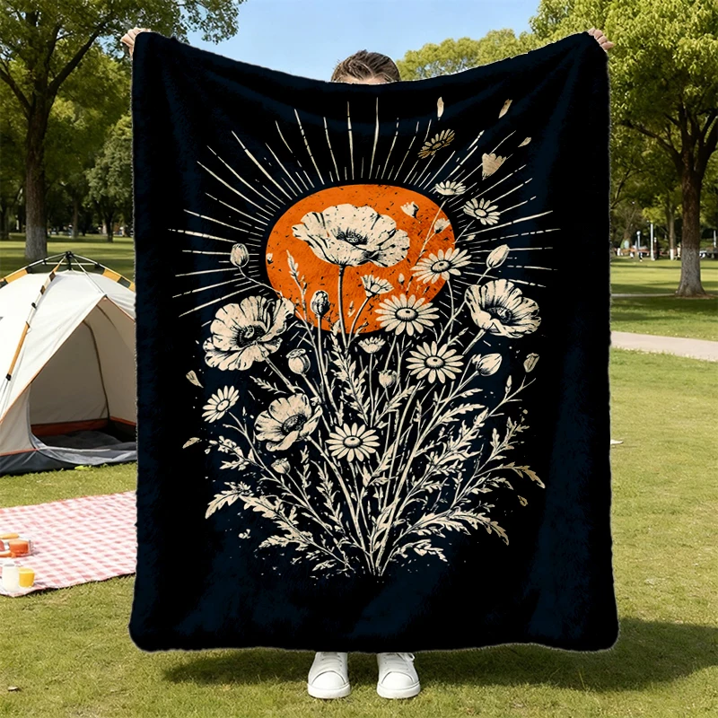 Wildflower Sunburst Flannel Blanket, Boho Poppy Daisy Flannel Throw, Vintage Botanical Cottagecore Gift for