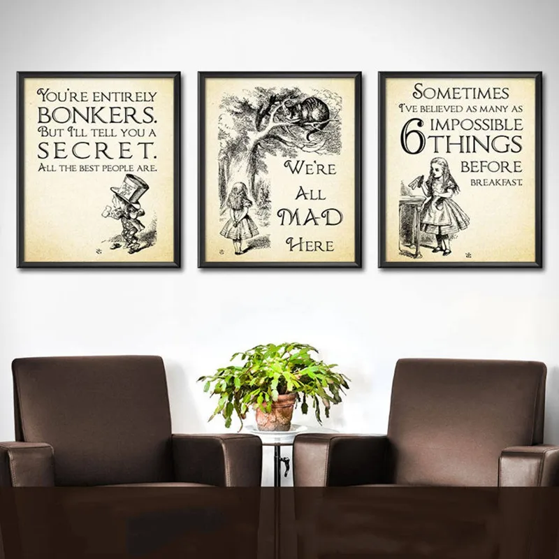 Disney Alice in Wonderland Poster And Prints For Kids Bedroom Home Decor Cartoon Movie Hatter Quotes White Kraft Paper Wall Art