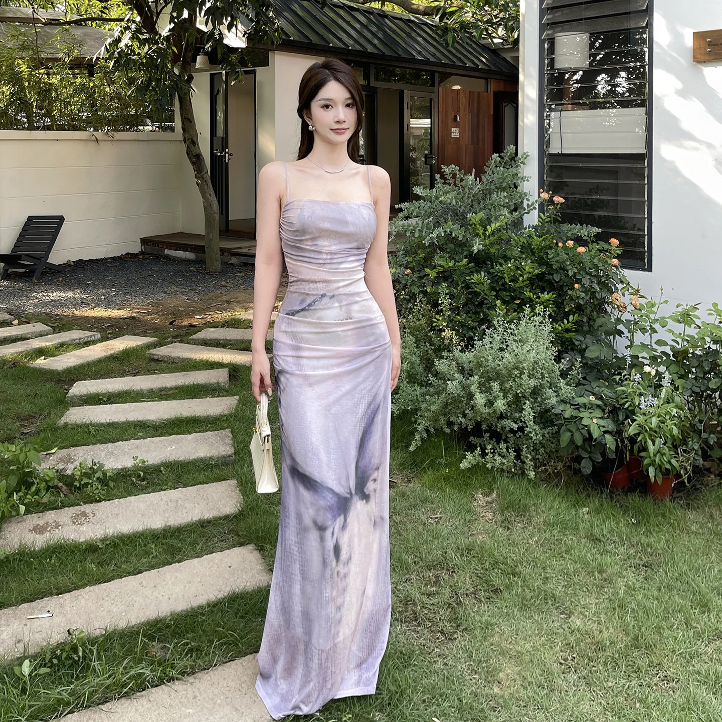 Vestido Midi ajustado de malla púrpura con estampado de mariposa, Sexy, de cintura alta, ajustado, para vacaciones en la playa, vestido de noche de longitud media Praty