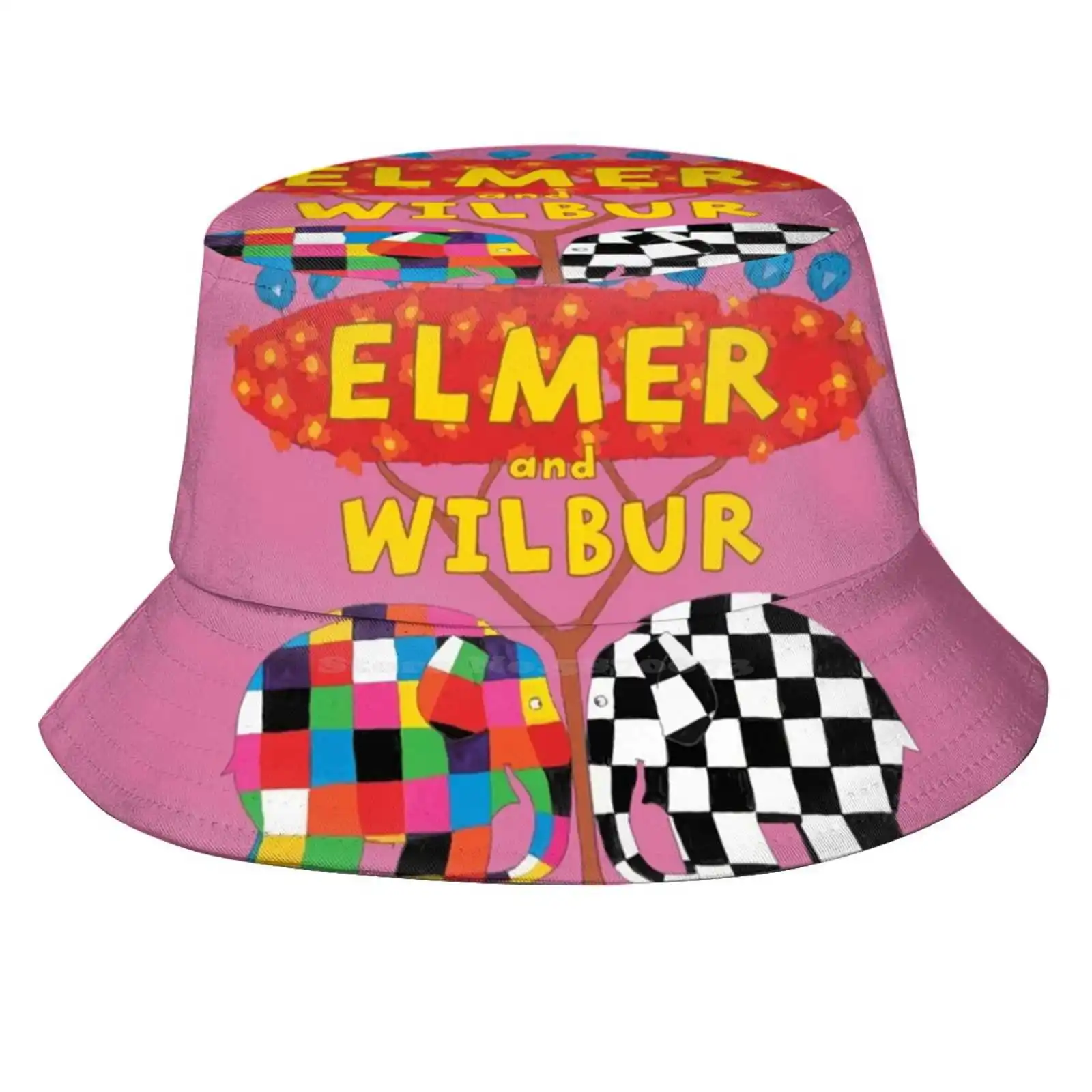 Elmer And Wilbur Sun Cap Fisherman Hat Bucket Hats Book Character Kids Colorful Black And White Yellow Red Blue Birds Elephants