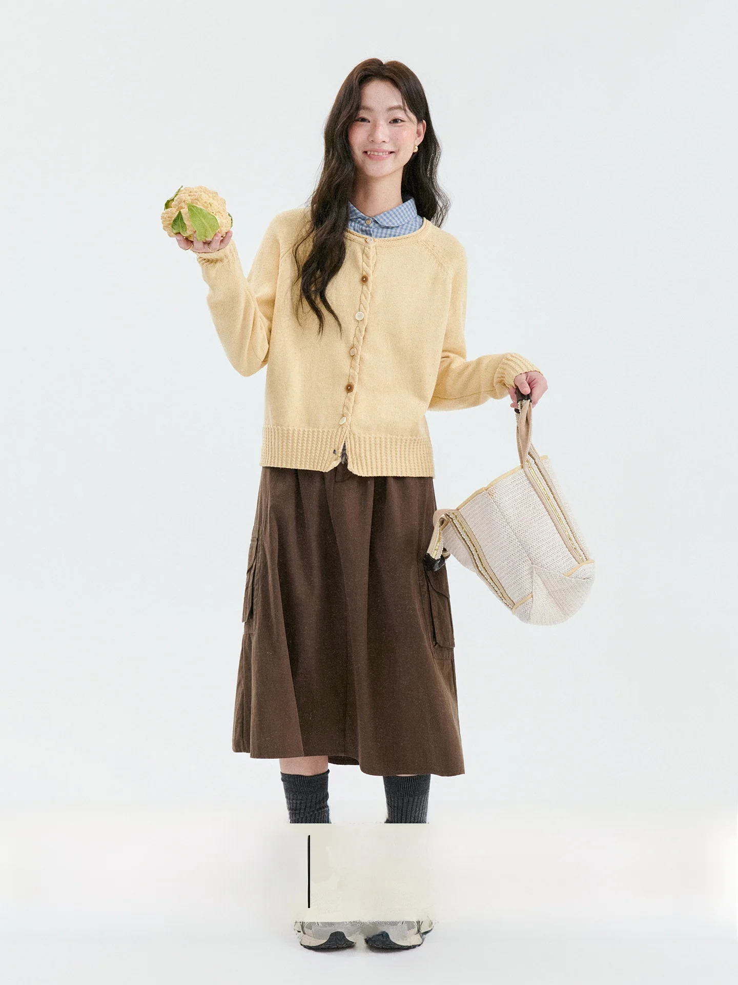Original Color Block Cotton Woolen Sweater for Women with Korean Style Loose Fit Long Sleeve round Neck Single Button Cardigan