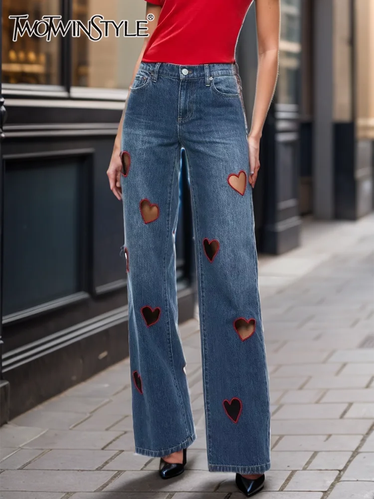 

TWOTWINSTYLE Hit Color Hollow Out Denim Pant For Women High Waist Patchwork Pockets Designer Casual Jeans Female Fashion Style