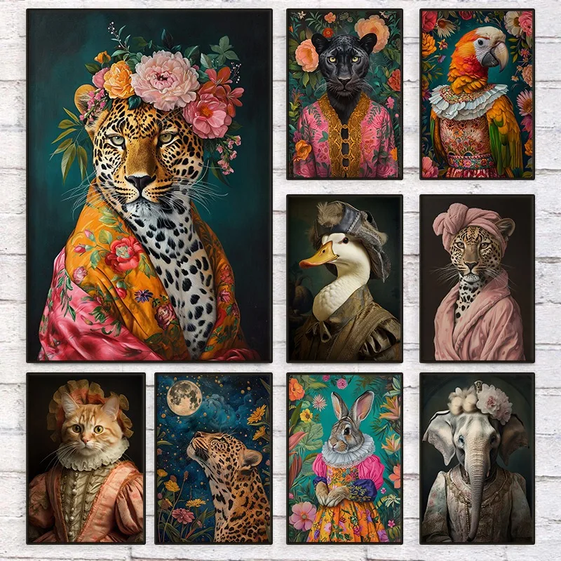 Póster de retrato de Animal maximalista ecléctico Fashionista, leopardo, loro, gato, pintura en lienzo Floral Retro, arte de pared, decoración del hogar para habitación