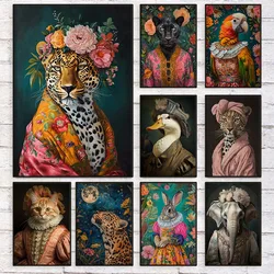 Maximalist Eclectic Fashionista Animal Portrait Poster Leopard Parrot Cat Retro Floral Canvas Painting Wall Art Room Home Decor