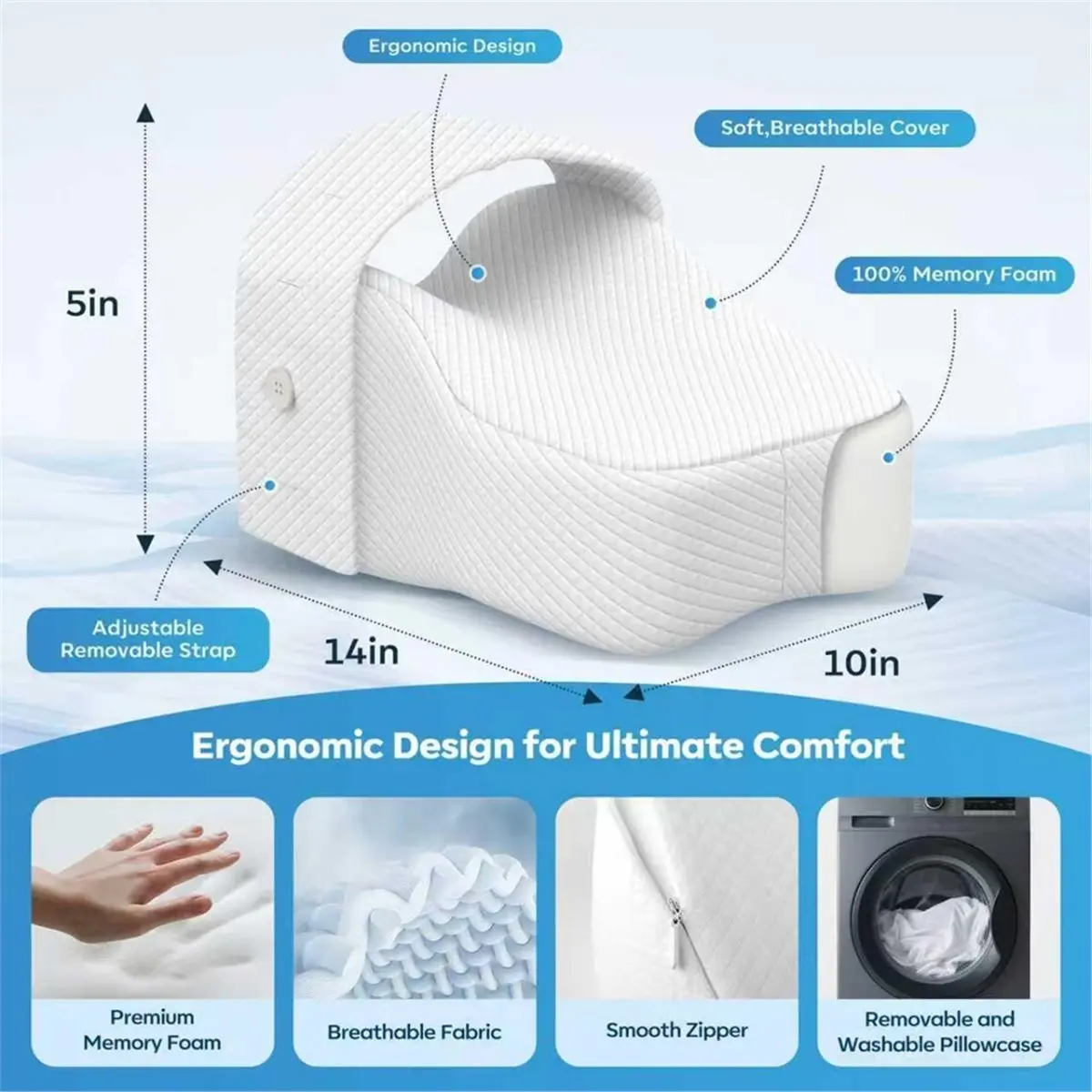 Memory Foam Knee Pillow for Side Sleepers - Enhanced Comfort for Back, Hip, and Joint Pain Relief, Adjustable Strap
