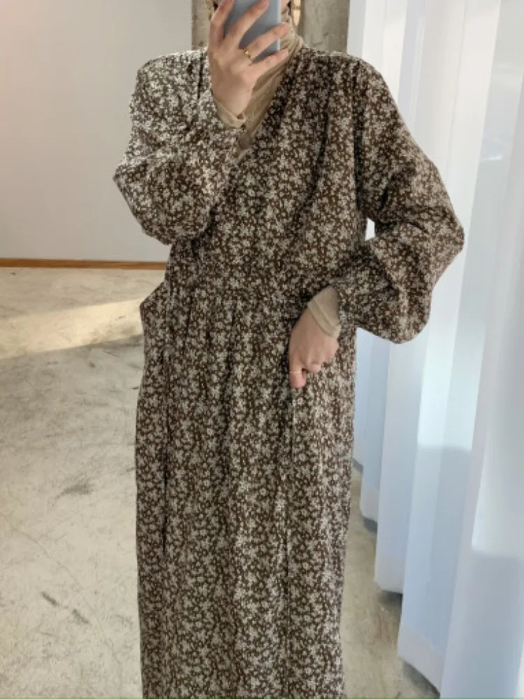 

Ele Vintage Long Dr with Waist Cinching Bubble Sves V-Ne Floral Print kets And Belt Design for Women