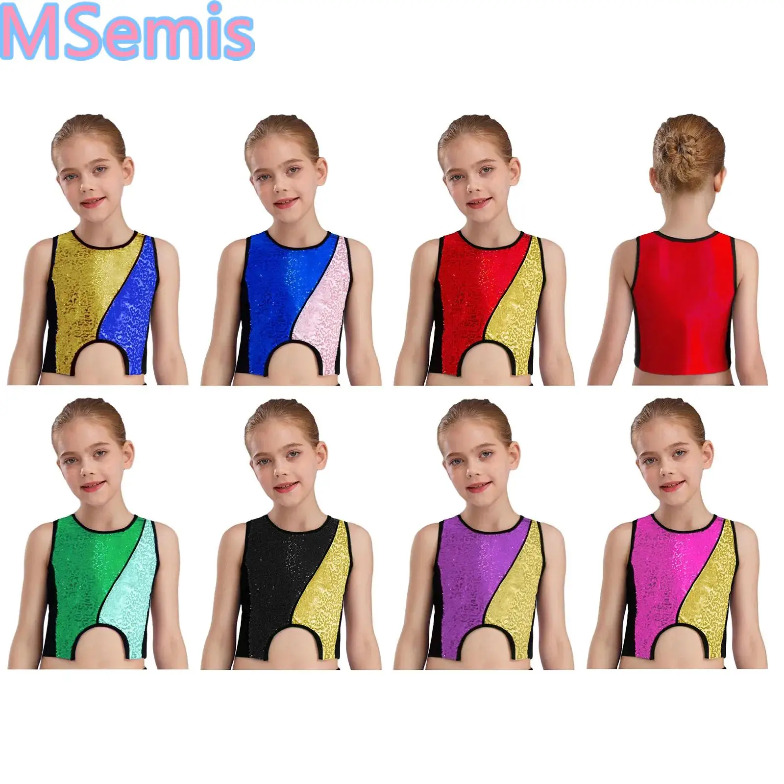 

Kids Girls Jazz Dance Vest Color Block Patchwork Sparkly Sequins Tank Top Asymmetrical Hem Vest Costume
