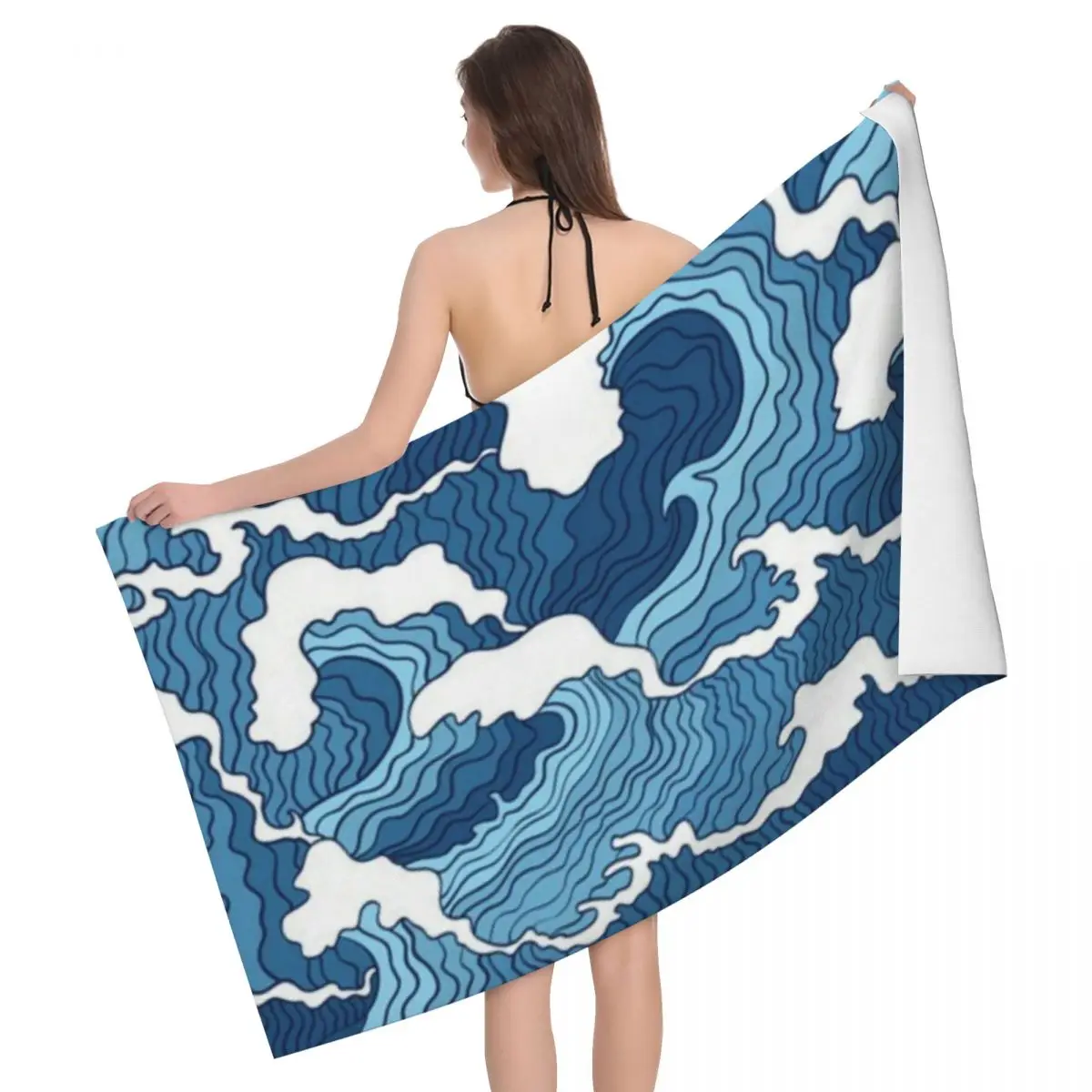 Customized Great Wave Kanagawa Pattern Bath Beach Towel Microfiber Ocean Sea Water Waves Shower Sports Yoga Towels