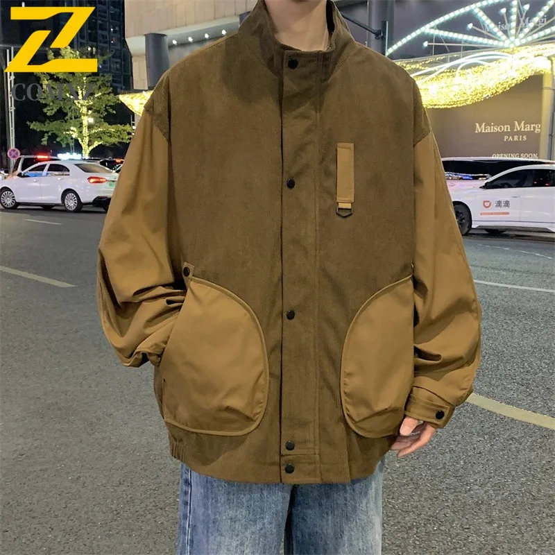 

COMXZ 2025 Corduroy Stand Collar Jacket Men Minimalist Color Block Long Sleeve Spring Autumn Casual Trendy Coat