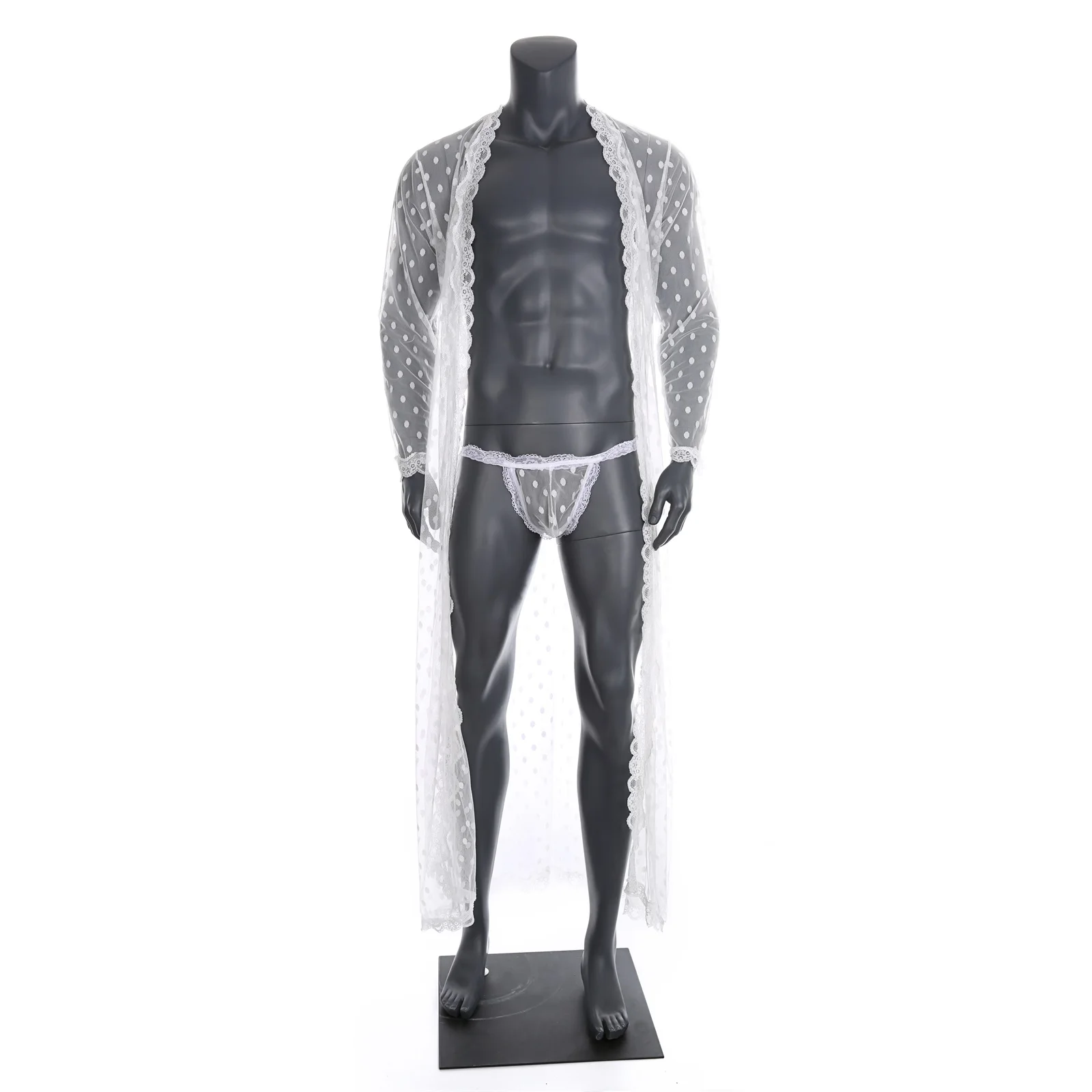 CLEVER-MENMODE Sexy Dessous Robe Spitze Sheer Lange Bademantel Nachtwäsche Erotische Sehen Durch Männer Morgenmantel und Tanga Nachtwäsche
