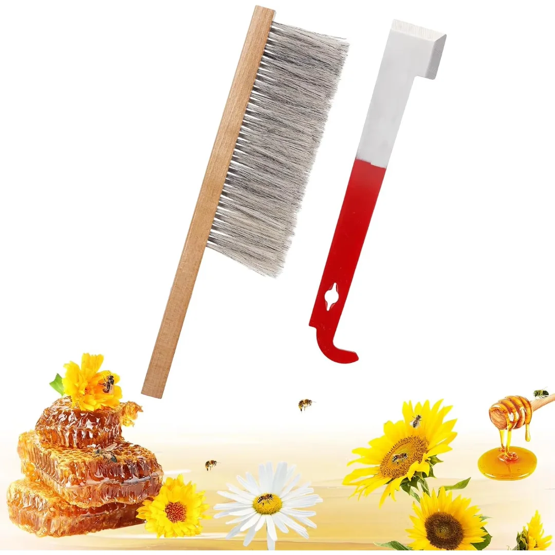 Bee Hive Tool for Beekeeping - Stainless Steel J Hook & Natural Horsehair Bee Brush, Beehive Brush Bee Frame Lifter and
