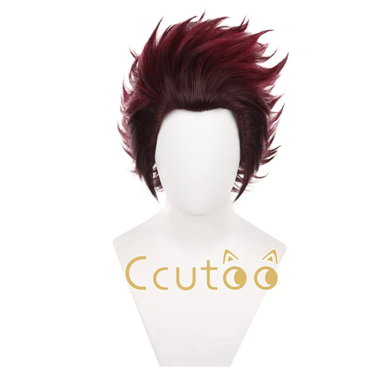 Tanjiro Kamado Peluca de disfraz de Cosplay de pelo sintético corto resistente al calor para hombres + gorro de peluca