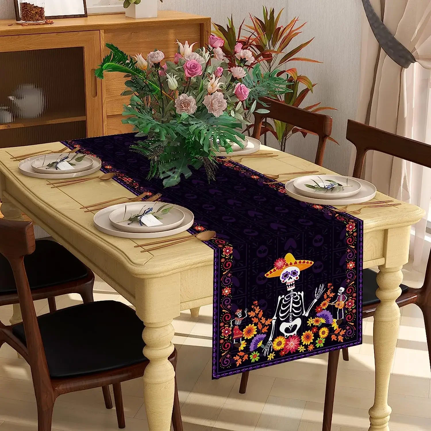 Mexican Day of The Dead Linen Table Runners Kitchen Table Decor Reusable Dia De Los Muertos Table Runners Halloween Decorations