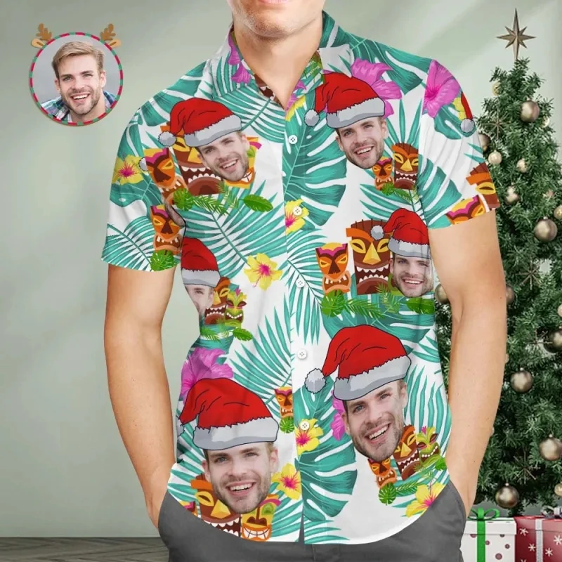 Custom Face Photos Hawaiian Shirts For Men DIY Men\'s Christmas Blouse Shirts Short Sleeve Funny Tee Shirts Mens Clothes