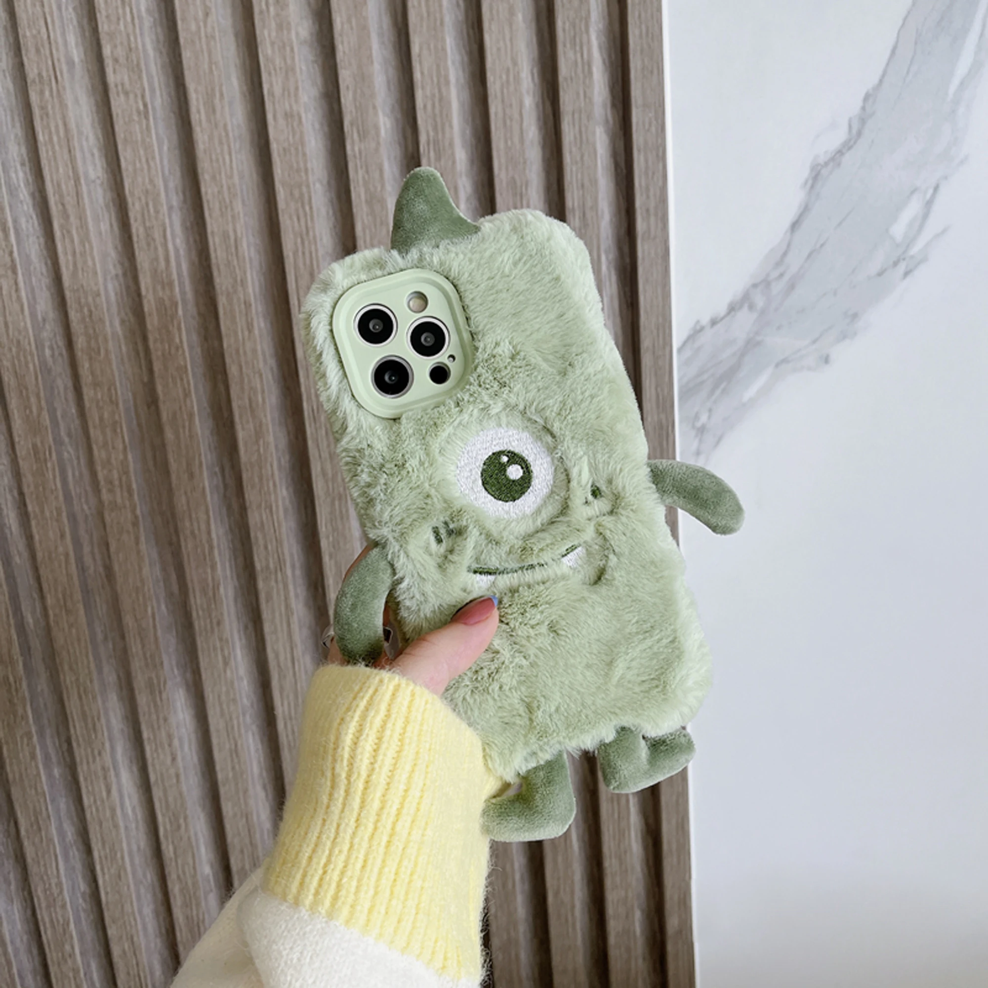 Green cyclops monster plush phone case for iPhone15Promax 14 13 12 11 all-inclusive shock-proof funky phone case