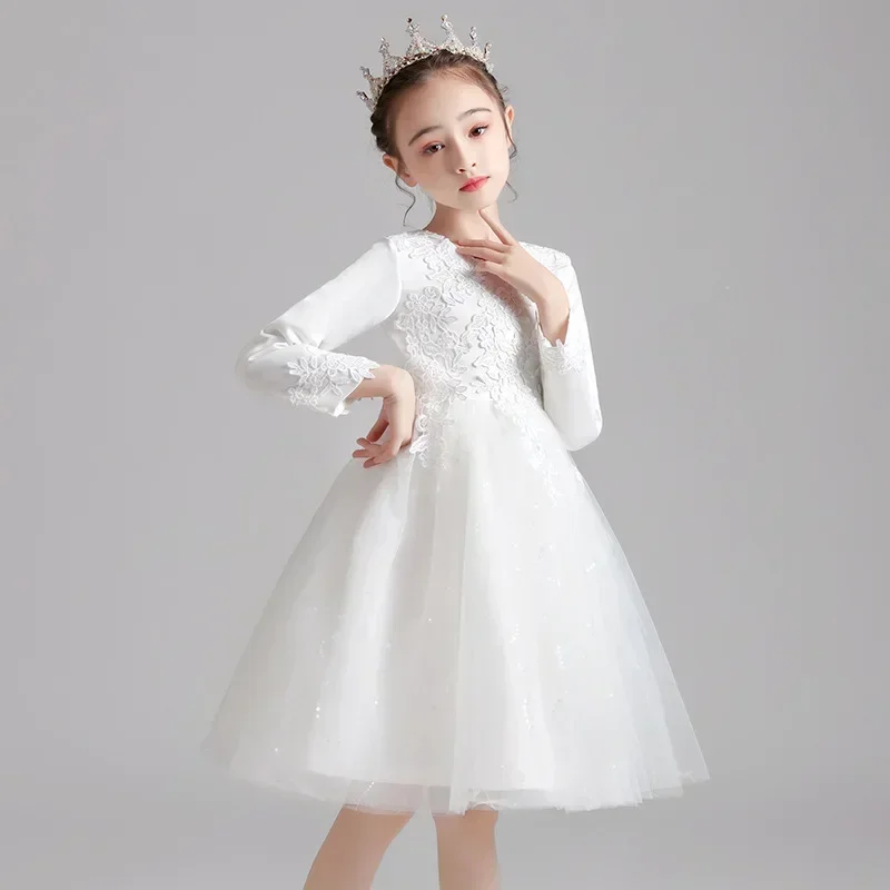 Saia fofa de manga comprida infantil, vestido formal feminino, roupa de formatura, desfile, novo, primavera