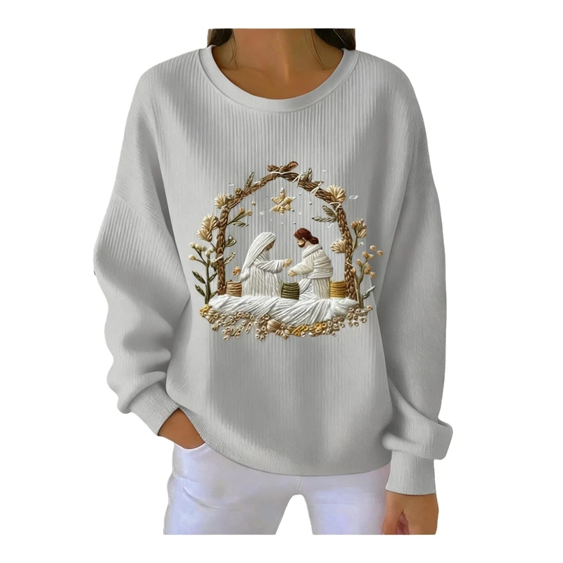 New Floral Wreath Print Crewneck Sweatshirt For Women Soft Cozy Casual Pullover Ideal For Office Travel Gift For Her