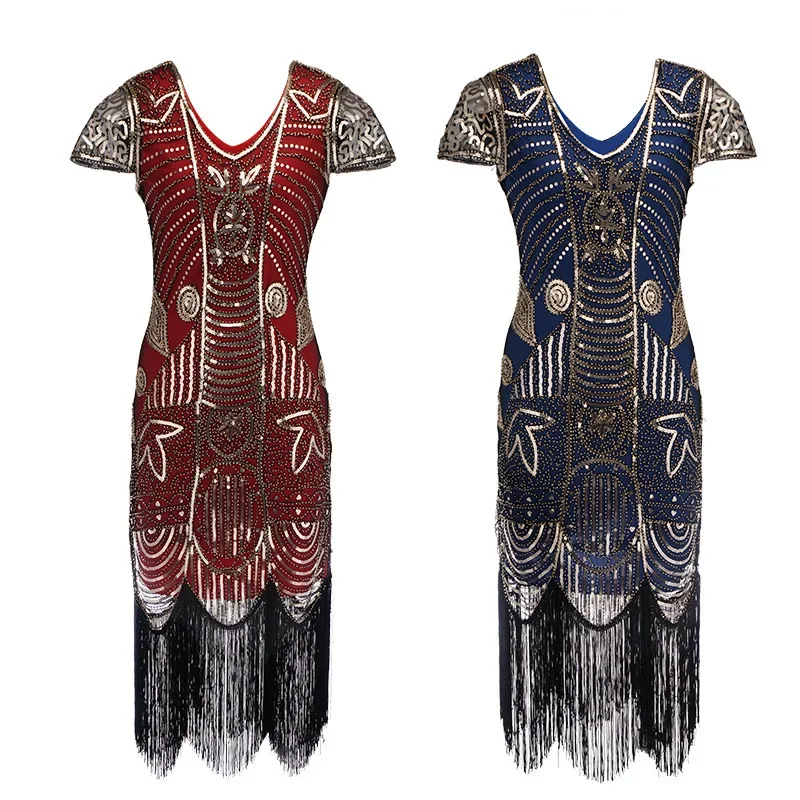 Short Sleeve Vintage Sequins Dress Plus Size With Tassel Beaded Gatsby Women 1920s Sesquined beading Dress Vestidos robe