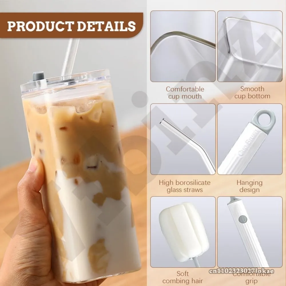 

Portable Drinking Coffee Cup Glass, 12oz/350ml Glass Cups for the Go Glass Cups Lids/Straws Included Collector, For Home School