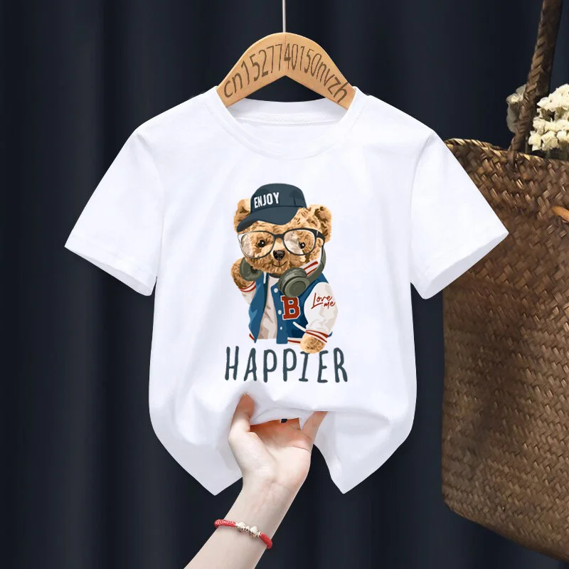 Funny Bear Happier Print Red Kid T-shirts Children Baby Black Harajuku Kawaii Clothes Boy Girl Tops Gift Present ,Drop Ship