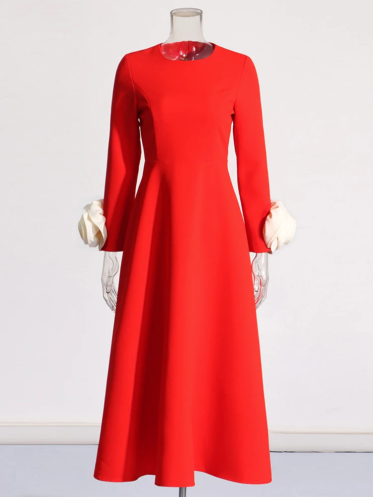 TWOTWINSTYLE Colorblock Patchwork Appliques Elegant Dress For Women O Neck Long Sleeve High Waist Temperament Dresses Female New