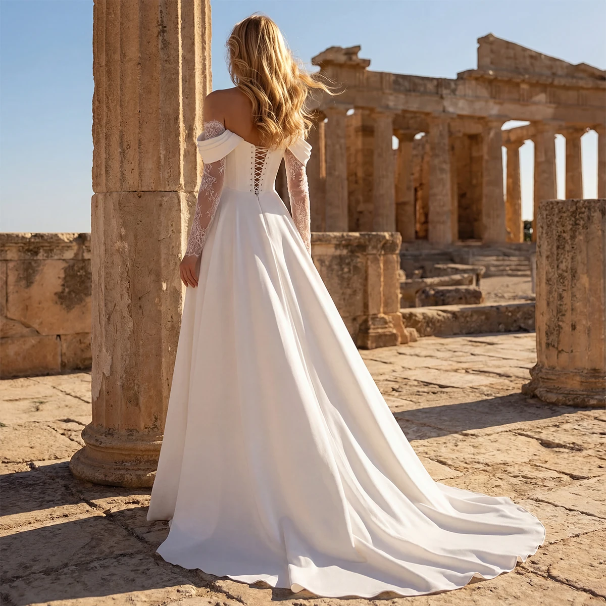 Elegant Satin Off Shoulder Wedding Dresses Long Ball Gown With Train 2025 Vestido Novia Slit Lace Bridal Gown For Women