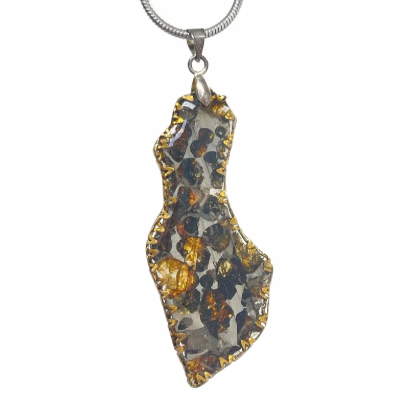 Sericho Pallasite Meteorite Pendant Freeform Slice Gold‑Tone Edge Olivine Crystal Space Mineral Necklace TB334