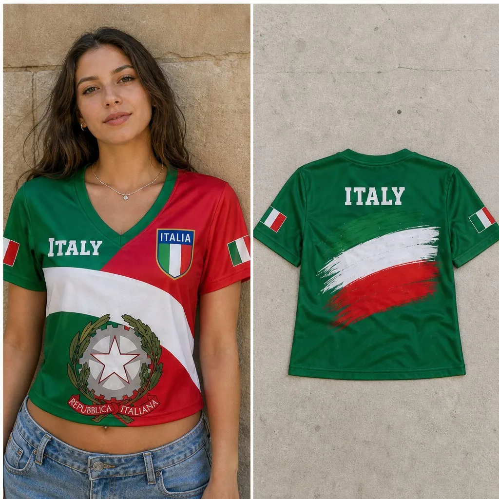 Women Italy V Neck Crop Top Republic Emblem Brush Print Short Sleeve Summer Street Travel Casual Fashion Tee Modern Chic Fashion