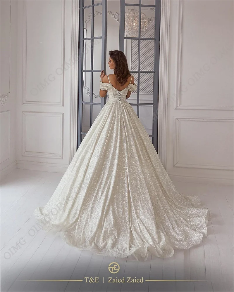 OIMG-vestido de novia largo con purpurina, traje de novia de línea A, talla grande, hecho A medida, escote Corazón, hombros descubiertos, Reina brillante