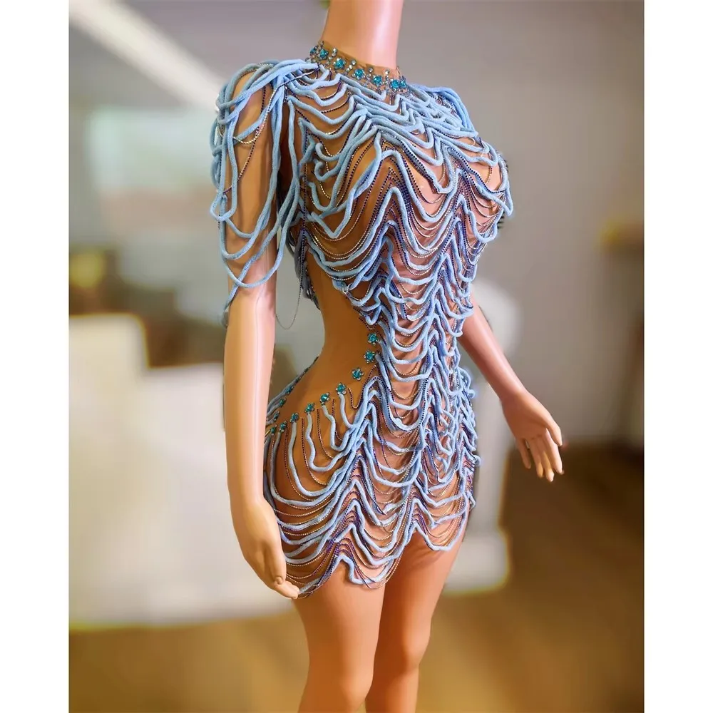 Sexy Rhinestone Chains Short Dress for Women Transparent Crystal Mesh Bar Singer Stage Performance Costume Nightclub Party Celeb
