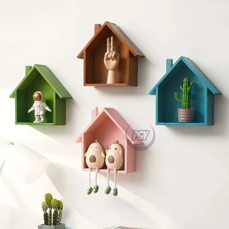 Colorful Wooden Wall-Hung Cartoon House Decor Vintage Nostalgic Home Entrance Wall Hanging Decor Wooden Ornaments Storage Shelf