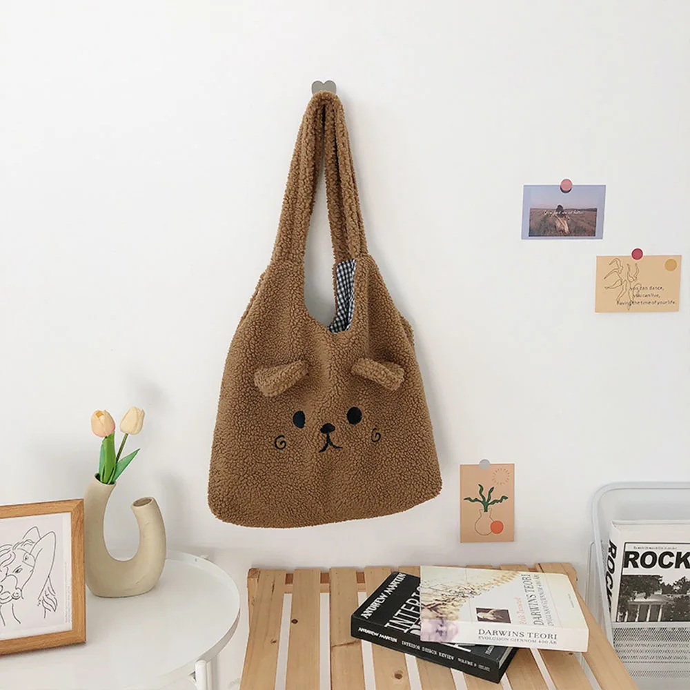 New Winter Soft Plush Tote Bag Women Cartoon Embroidery Imitation Lamb Hair Shoulder Bag For Women 2020 Shopper Bag