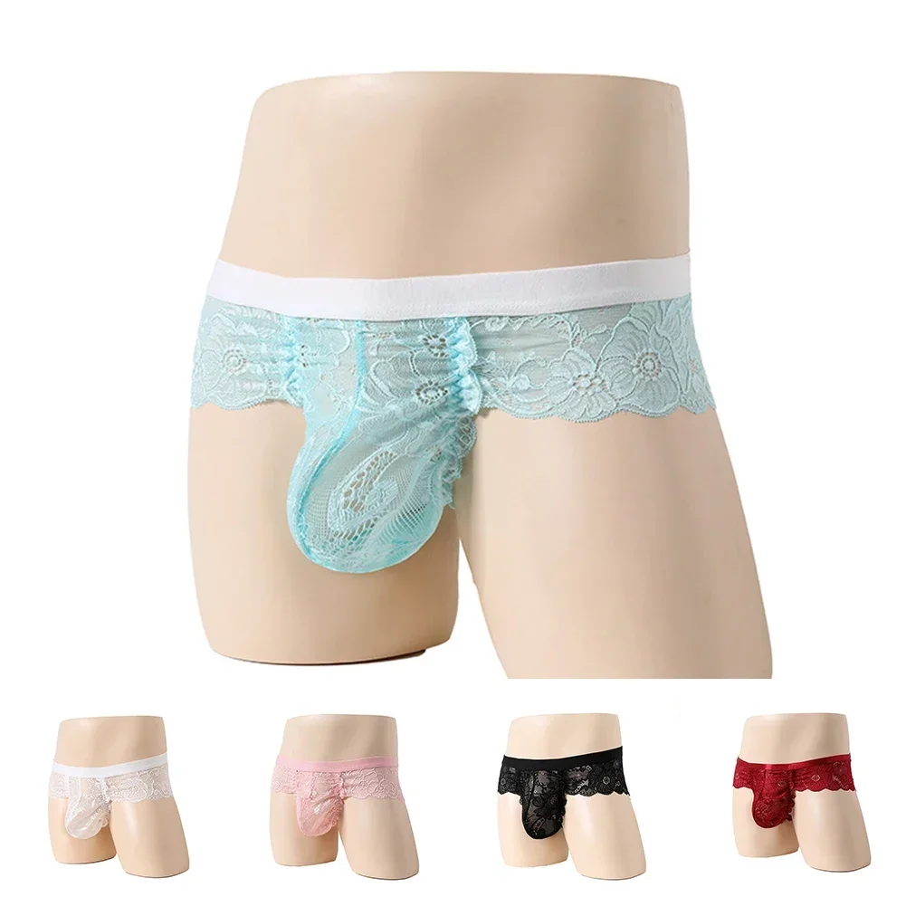 New Men Sexy Sissy Lace Transparent Underwear Boxer Pouch Panties Underpants Shorts Seductive Low Rise Breathable Male Briefs