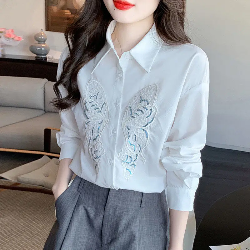 Spring Autumn Women\'s Turn-down Collar Solid Butterfly Sequined Embroidered Button Cardigan Long Sleeve Chiffon Shirt Coats Tops